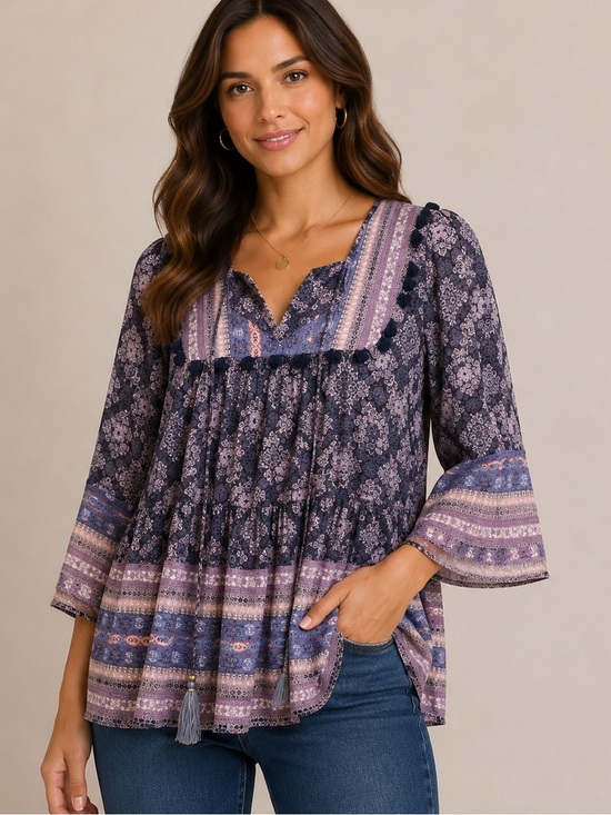 Knox Rose Tops - Knox Rose Lavender Purple and Cream Paisley Print Blouse